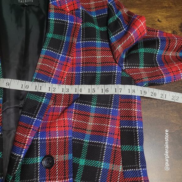 Talbots Blazer 8 Tartan Plaid Wool Blend Sequins Open Front Button Accents NWOT - Picture 5 of 10